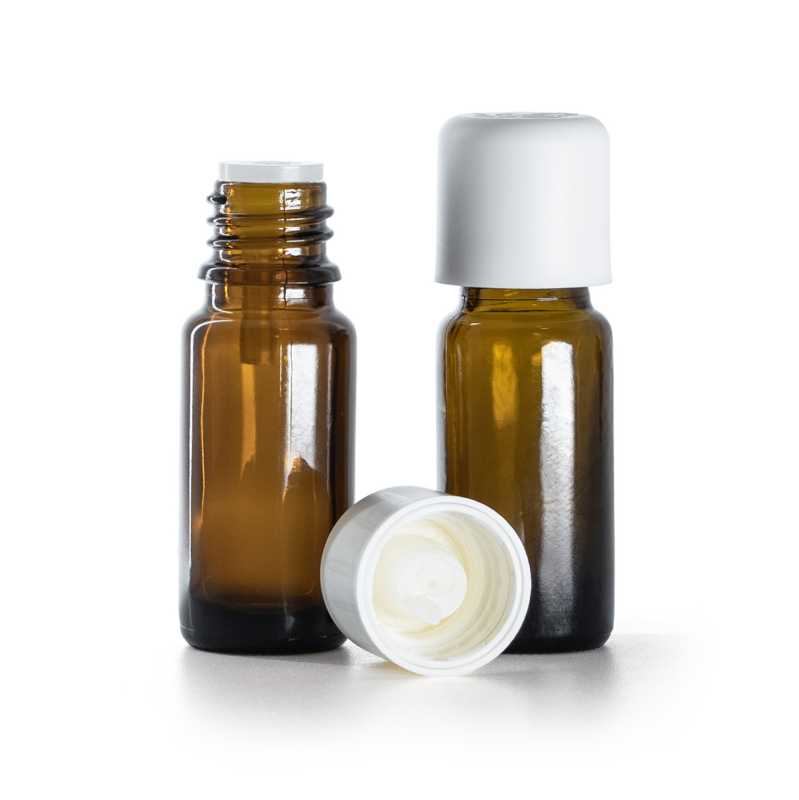 Flacon en verre ambré, type B, mince, bouchon de sécurité blanc et compte-gouttes, 10 ml