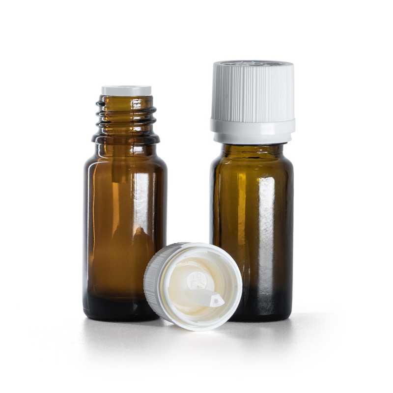 Flacon en verre ambré, type B, mince, bouchon de sécurité blanc à témoin d'intégrité et compte-goutt
