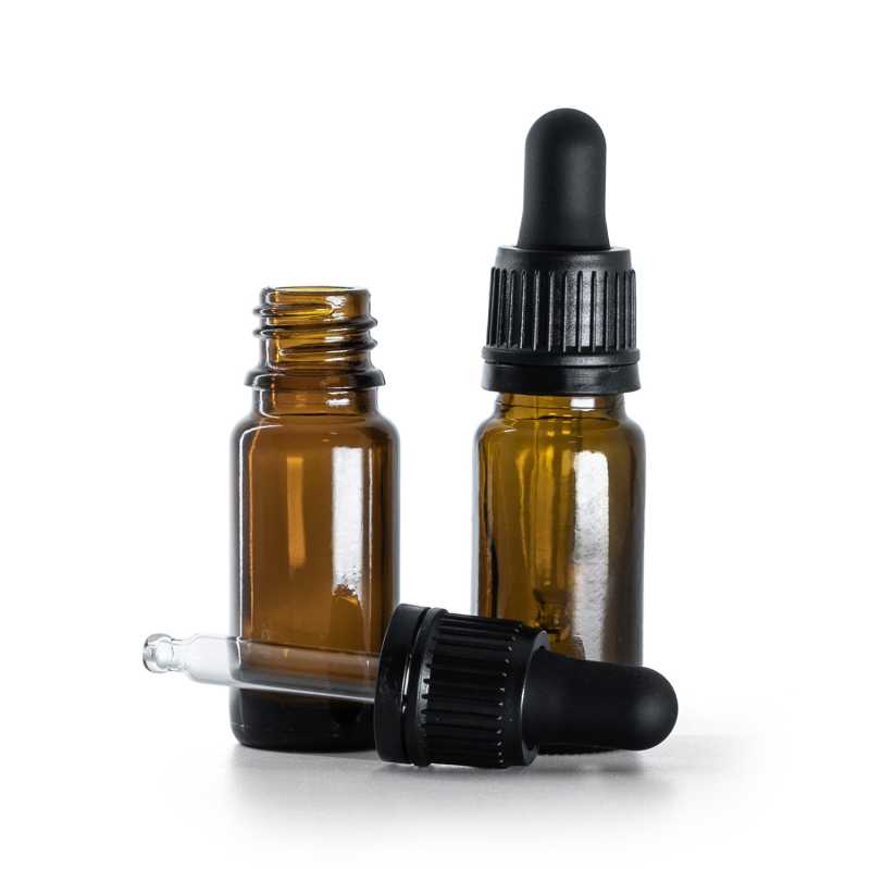 Flacon en verre ambré, type B, étroit, compte-gouttes noir à témoin d'intégrité, 10 ml