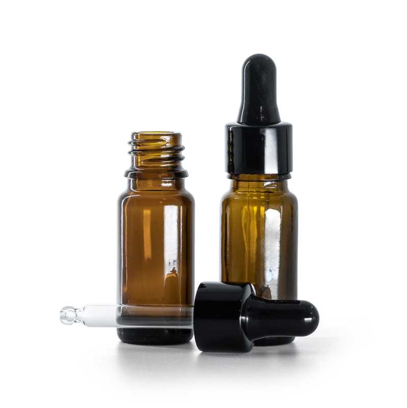 Flacon en verre ambré, type B, mince, compte-gouttes noir brillant, 10 ml