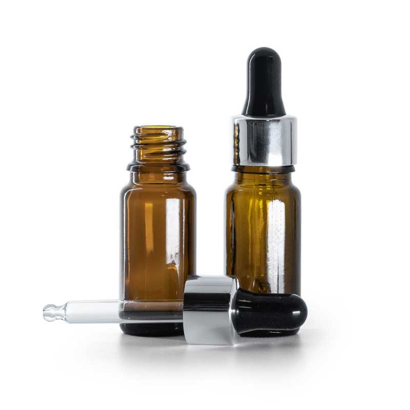 Flacon en verre ambré, type B, mince, argent brillant, compte-gouttes noir, 10 ml