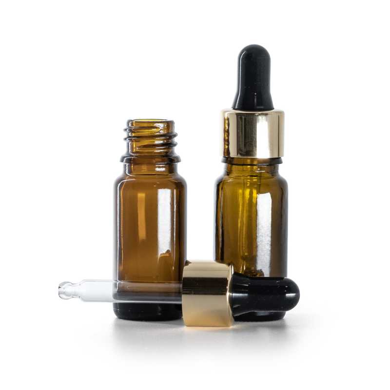 Flacon en verre ambré, type B, étroit, compte-gouttes noir doré, 10 ml