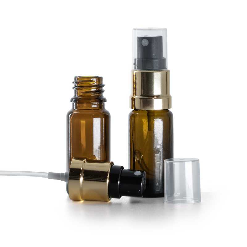 Flacon en verre ambré, type B, étroit, spray noir doré, 10 ml