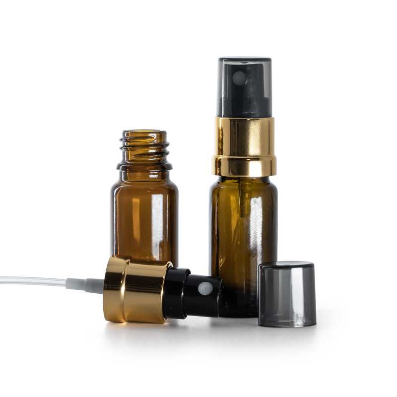 Flacon en verre, type B, haut, vaporisateur noir et doré, surcapuchon fumé, 10 ml
