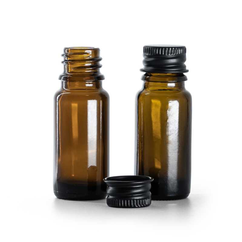 Flacon en verre ambré, type B, mince, bouchon en aluminium noir, 10 ml