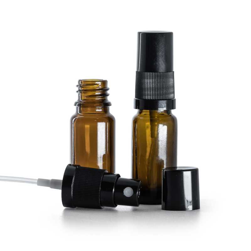 Flacon en verre ambré, type B, mince, vaporisateur noir, bouchon noir, 10 ml