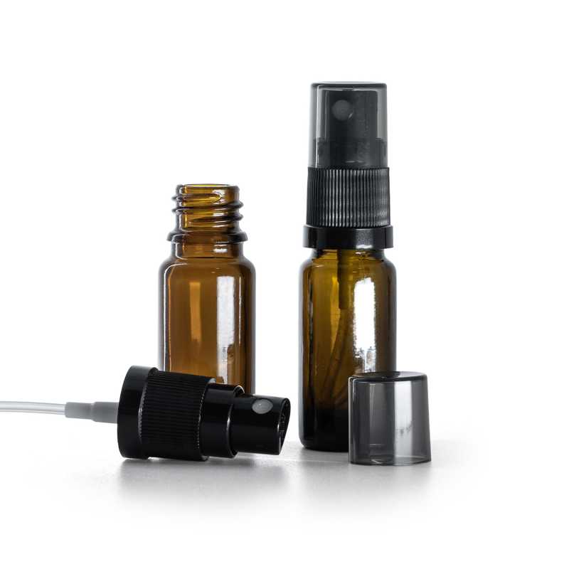 Flacon en verre ambré, type B, étroit, vaporisateur noir pour brume fine, bouchon fumé, 10 ml