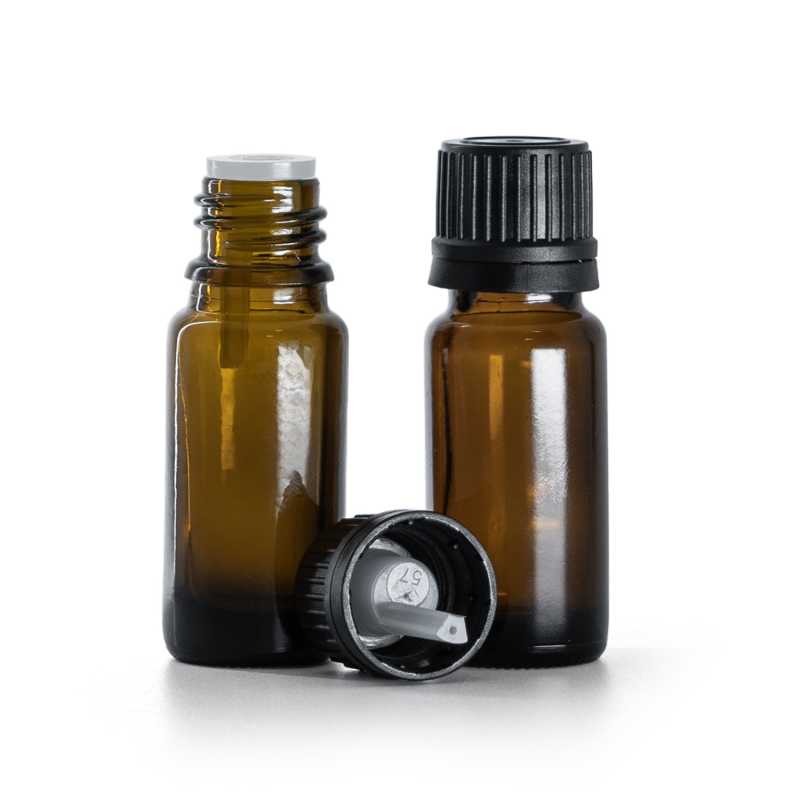 Flacon en verre ambré, type B, mince, bouchon noir et compte-gouttes 10 ml