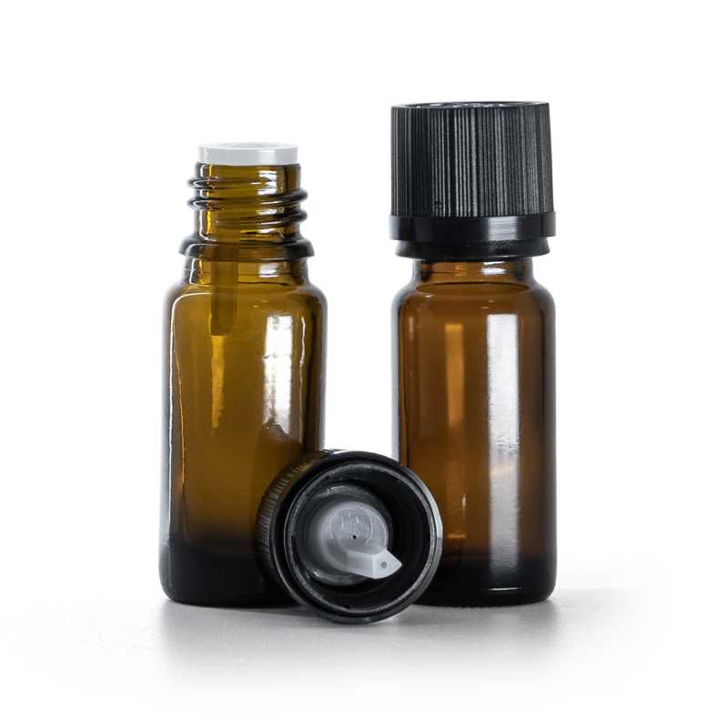 Flacon en verre ambré, type B, mince, bouchon de sécurité noir et compte-gouttes 10 ml