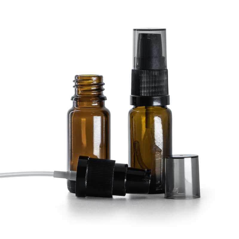 Flacon en verre ambré, type B, mince, pompe à lotion noire avec bouchon fumé, 10 ml