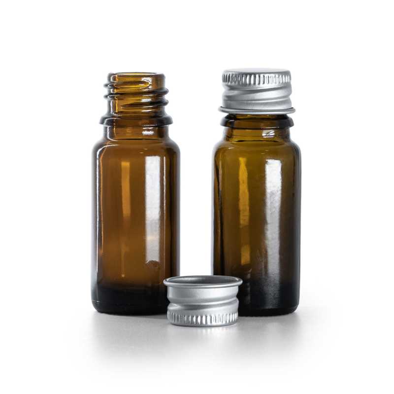 Flacon en verre ambré, type B, mince, bouchon en aluminium argenté, 10 ml