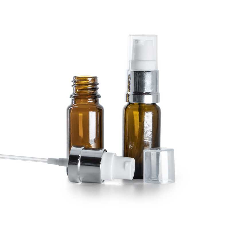 Flacon en verre ambré, type B, mince, pompe blanche argentée brillante, 10 ml