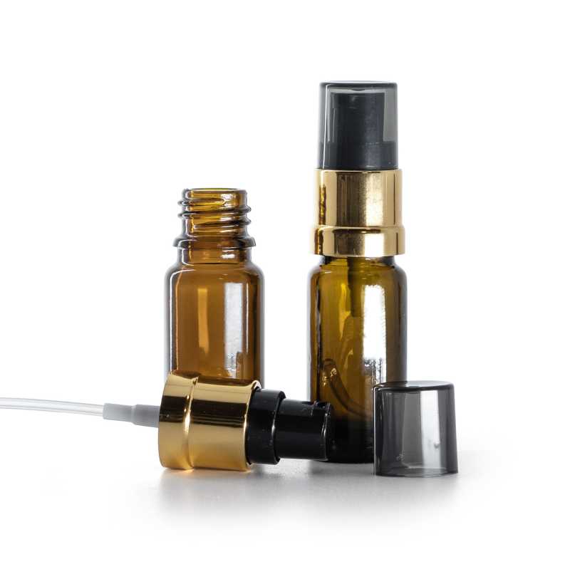 Flacon en verre ambré, type B, mince, pompe noire dorée brillante, 10 ml