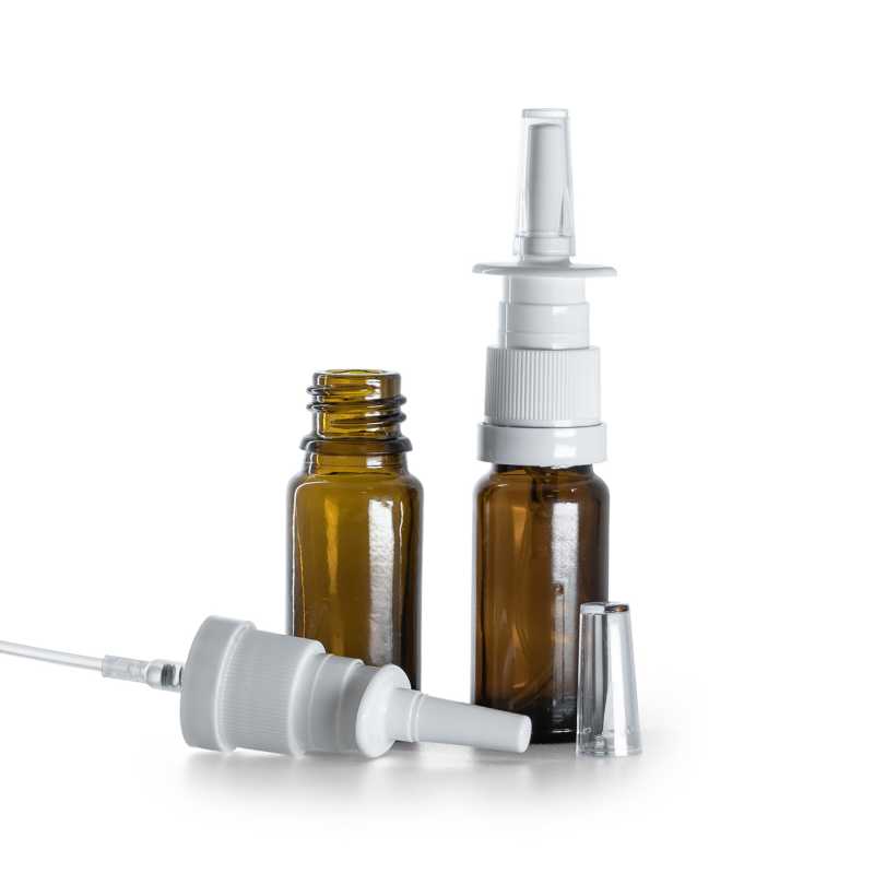 Flacon en verre ambré, type B, mince, spray nasal blanc, 10 ml