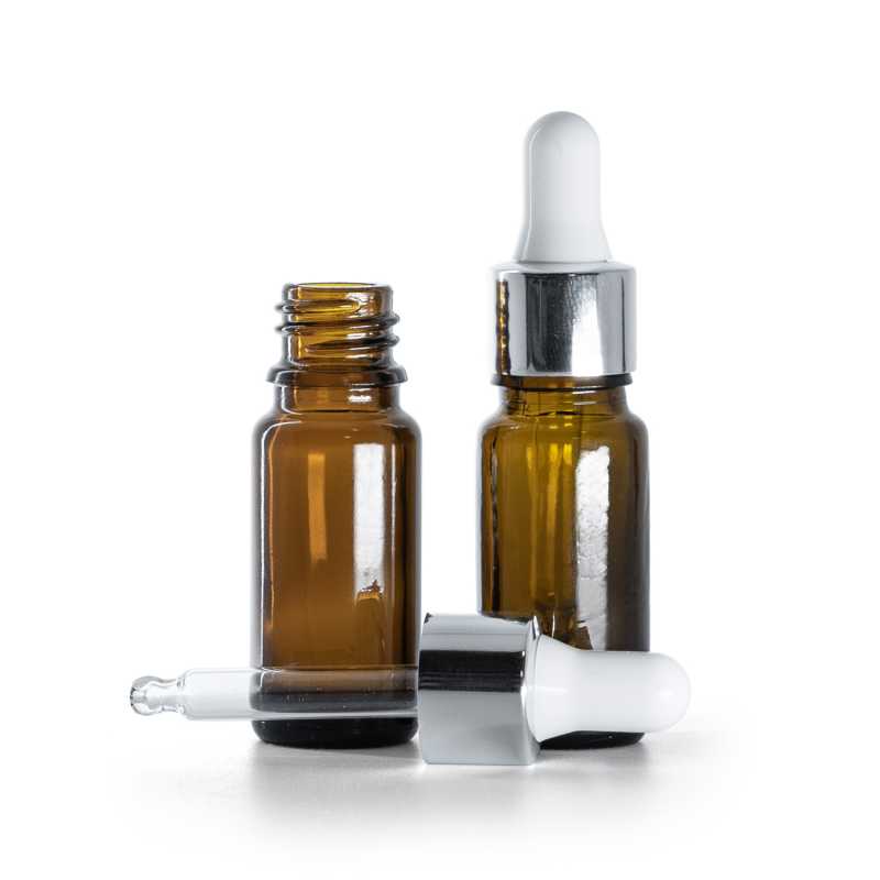 Flacon en verre ambré, type B, étroit, compte-gouttes blanc argenté brillant, 10 ml