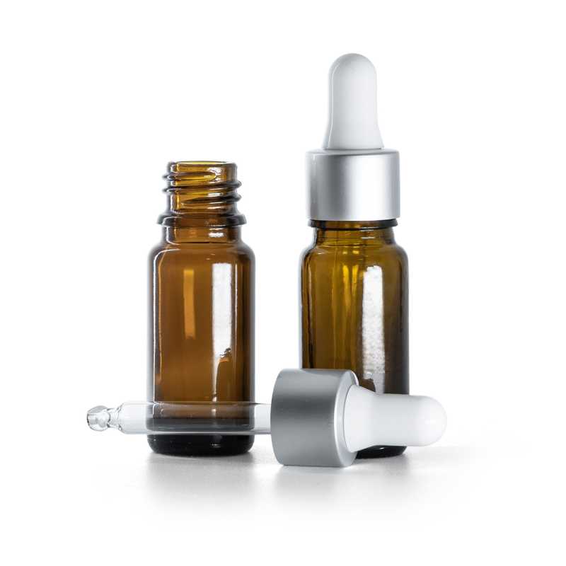 Flacon en verre ambré, type B, mince, compte-gouttes blanc argent mat, 10 ml