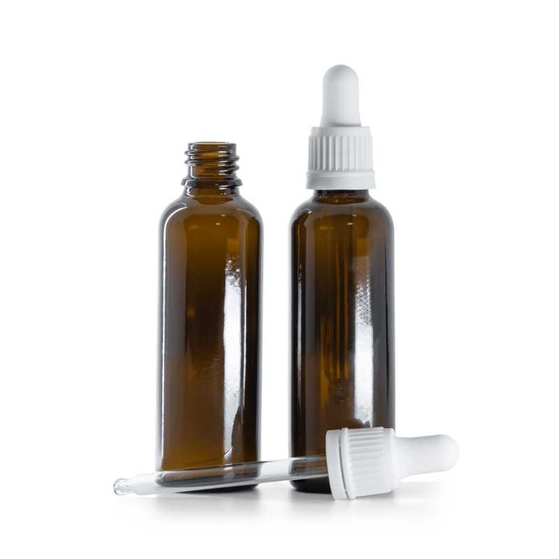 Flacon en verre ambré, mince, compte-gouttes blanc, 50 ml