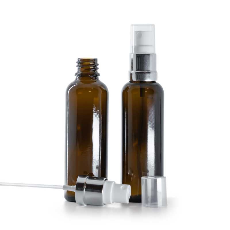 Bouteille en verre ambré, Slim, spray blanc argenté, 50 ml