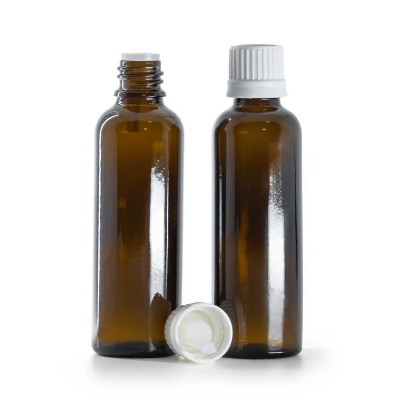 Flacon en verre ambré, mince, bouchon blanc inviolable et compte-gouttes, 50 ml