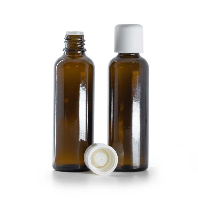 Flacon en verre ambré, Slim, bouchon de sécurité blanc et compte-gouttes, 50 ml