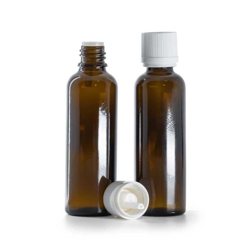 Flacon en verre ambré, mince, bouchon de sécurité blanc inviolable et compte-gouttes, 50 ml