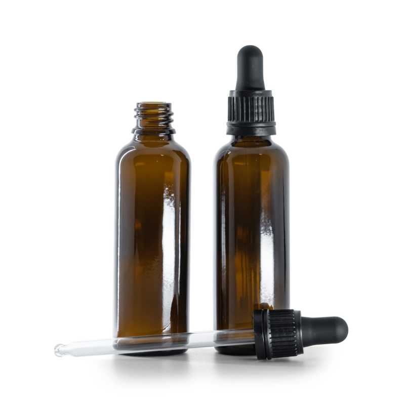 Flacon en verre ambré, mince, compte-gouttes noir inviolable, 50 ml