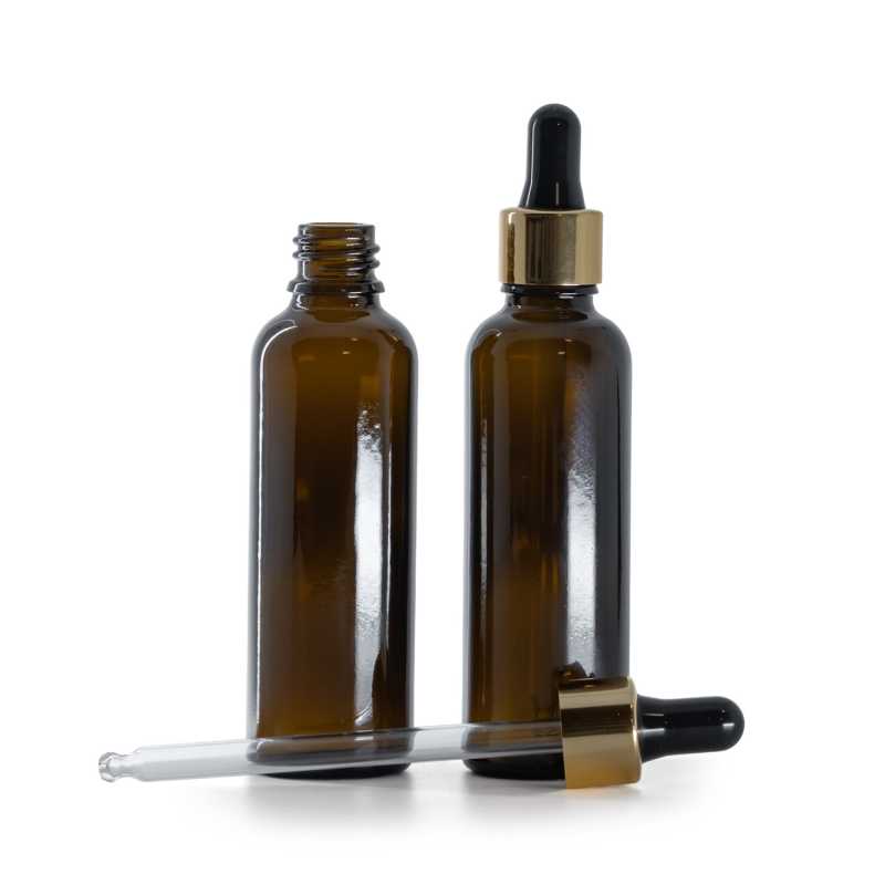 Flacon en verre ambré, mince, compte-gouttes noir doré, 50 ml