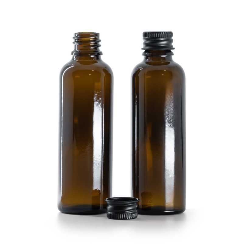 Bouteille en verre ambré, Slim, bouchon en aluminium noir, 50 ml