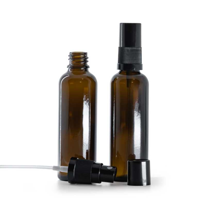 Bouteille en verre ambré, Slim, vaporisateur noir, bouchon noir, 50 ml