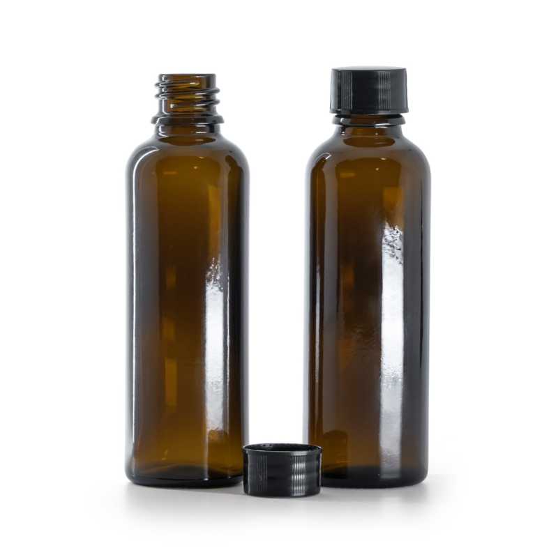 Bouteille en verre ambré, Slim, černý uzávěr, 50 ml