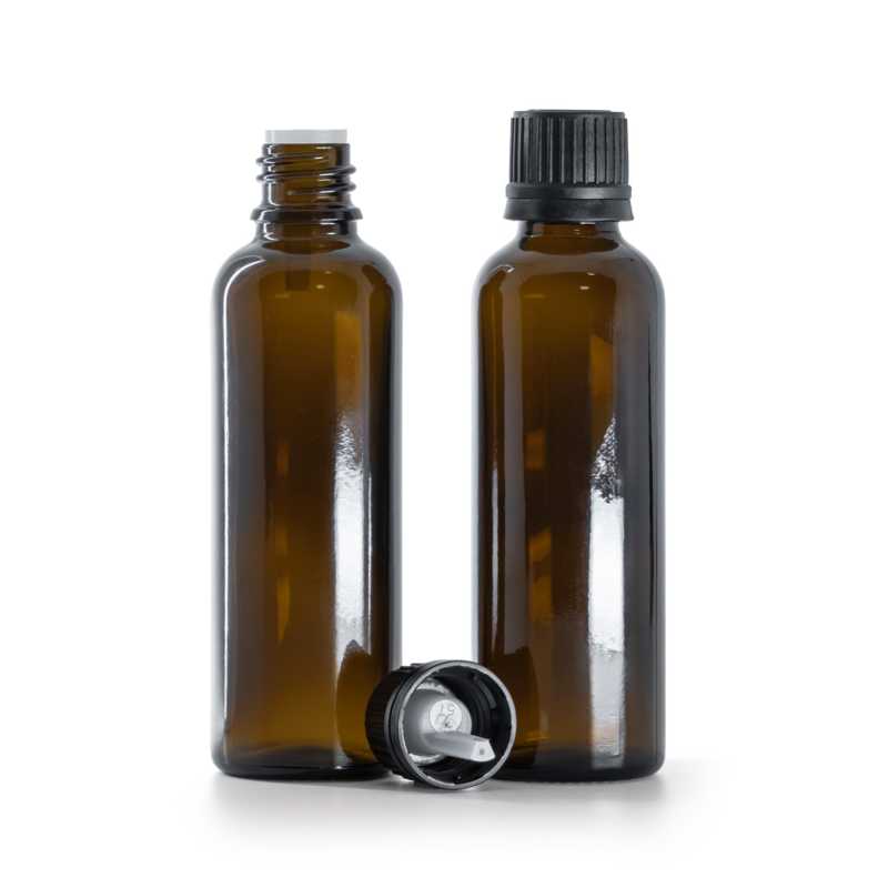 Bouteille en verre ambré, Slim, bouchon noir et compte-gouttes 50 ml