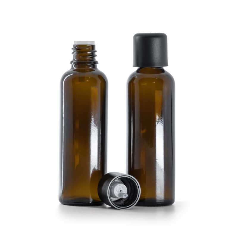Flacon en verre ambré, mince, bouchon de sécurité noir inviolable et compte-gouttes 50 ml