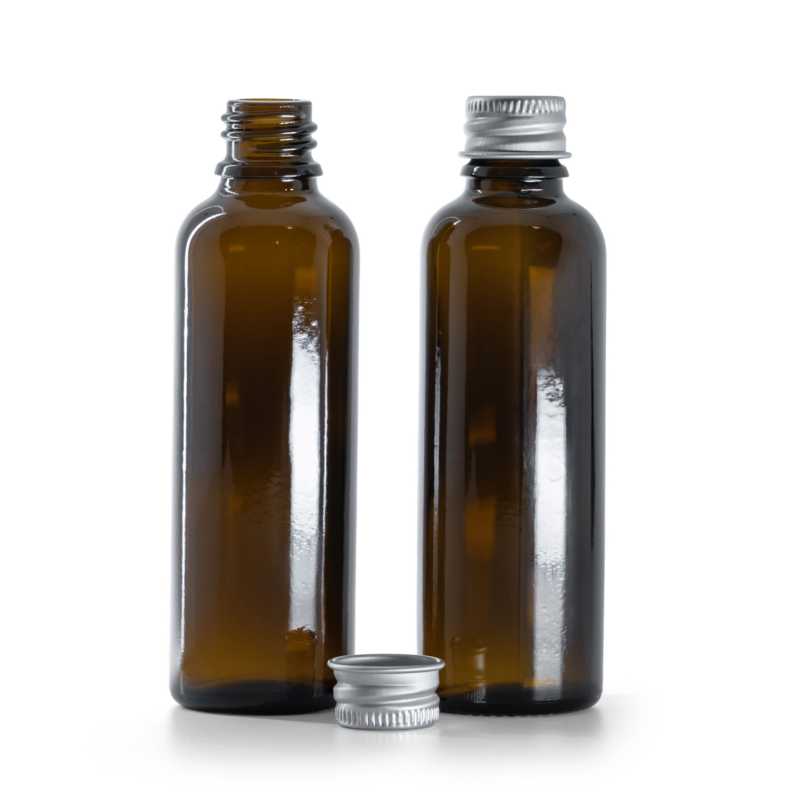 Bouteille en verre ambré, Slim, bouchon en aluminium argenté, 50 ml