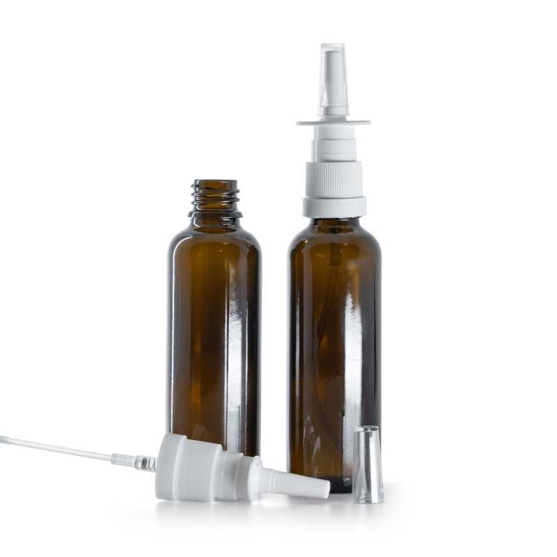 Flacon en verre ambré, mince, blanc Vaporisateur nasal, 50 ml