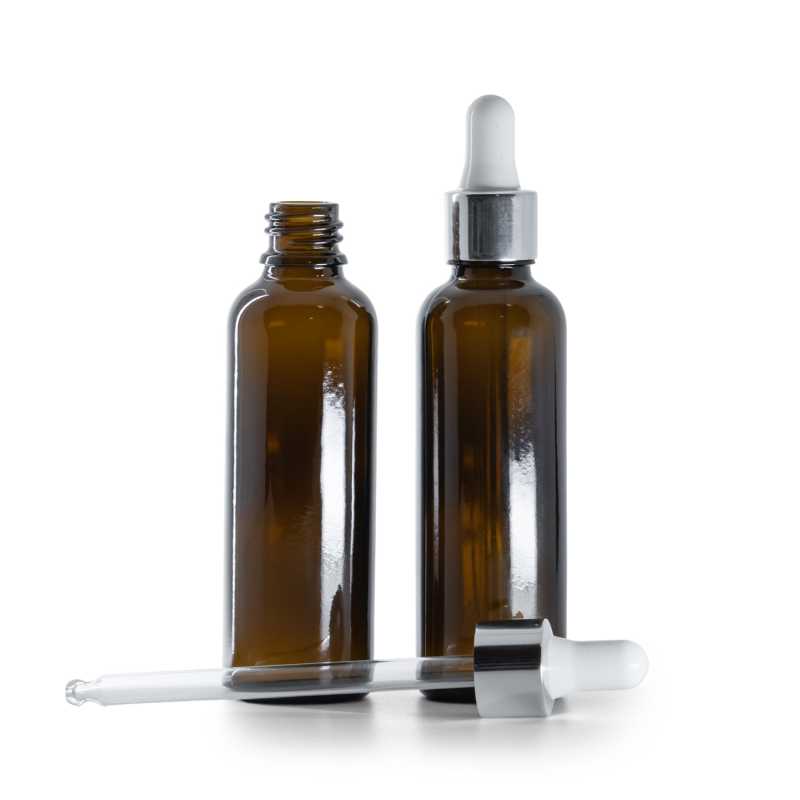 Bouteille en verre ambré, mince, argent brillant, compte-gouttes blanc, 50 ml