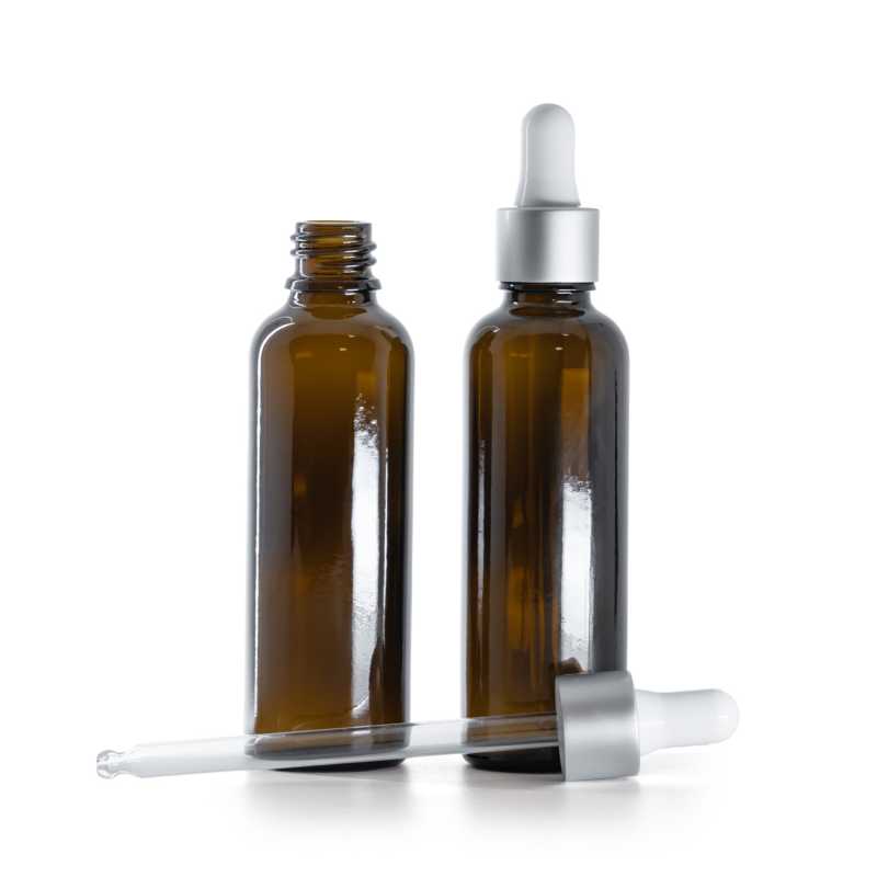 Bouteille en verre ambré, mince, argent mat, compte-gouttes blanc, 50 ml