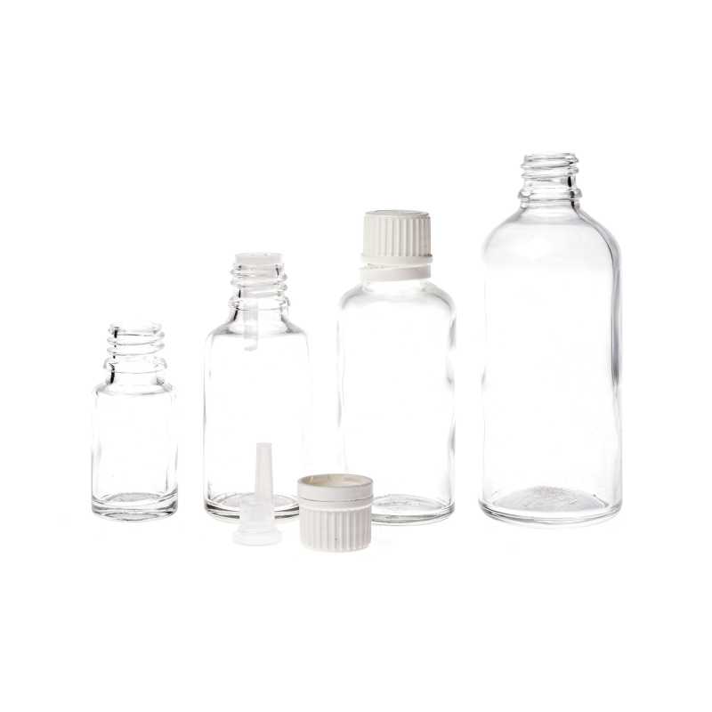 Flacon en verre transparent, bouchon blanc inviolable et compte-gouttes, 10 ml