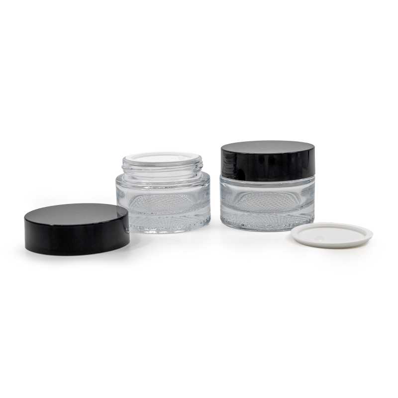 Pot à cosmétiques épais en verre transparent, couvercle et joint en plastique noir, 50 ml