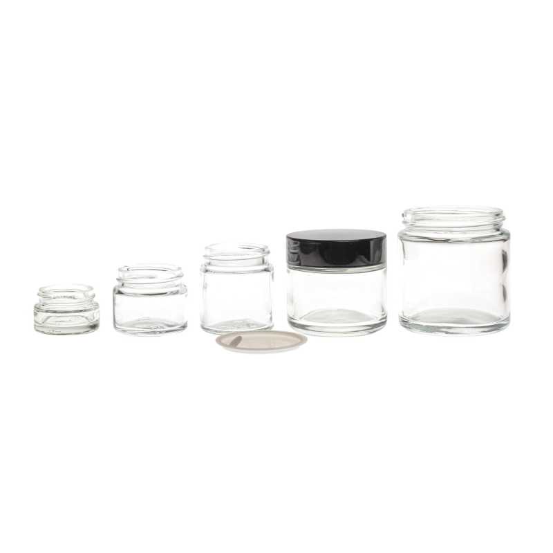 Bocal en verre transparent, couvercle et joint en plastique noir, 100 ml