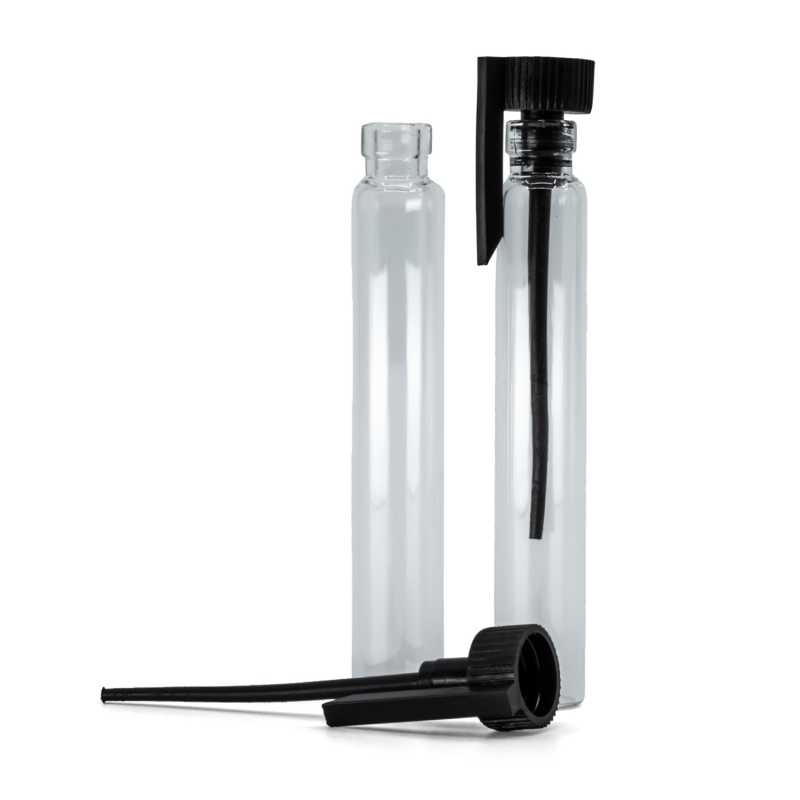 Testeur de cosmétiques en verre, bouchon en plastique noir, 2 ml