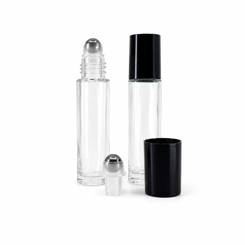 Flacon roll-on en verre transparent, bouchon noir, bille métal, 10 ml