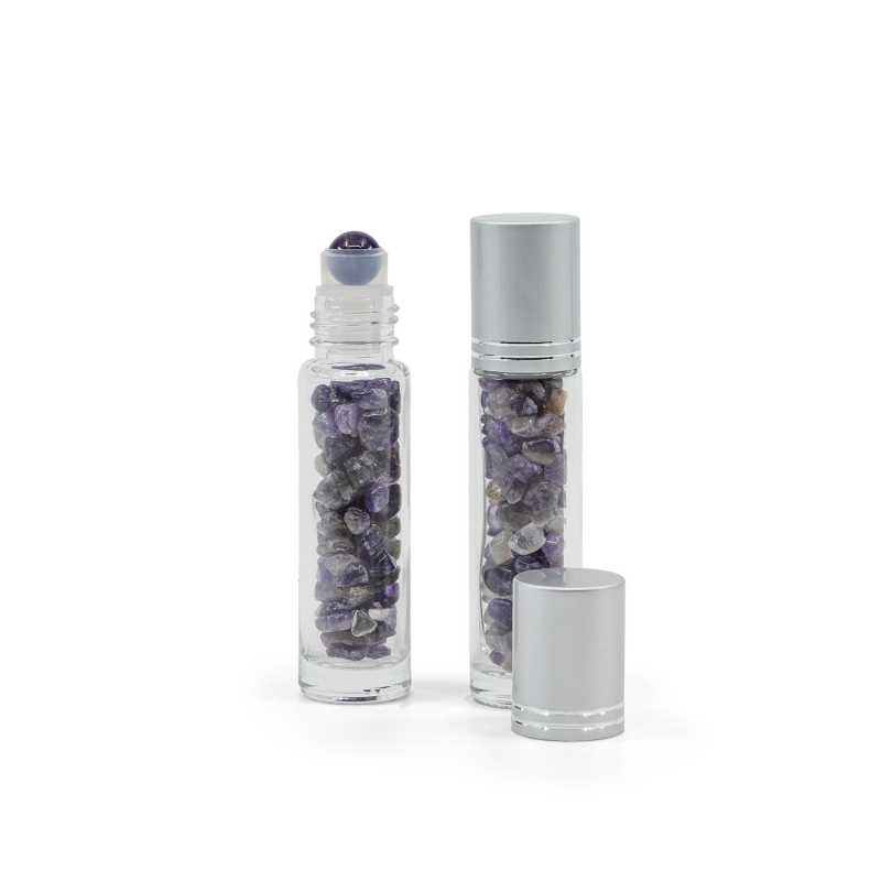 Roll-on en verre avec améthyste, capuchon argenté, 10 ml