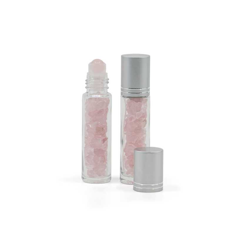 Roll-on en verre avec quartz rose, capuchon argenté, 10 ml