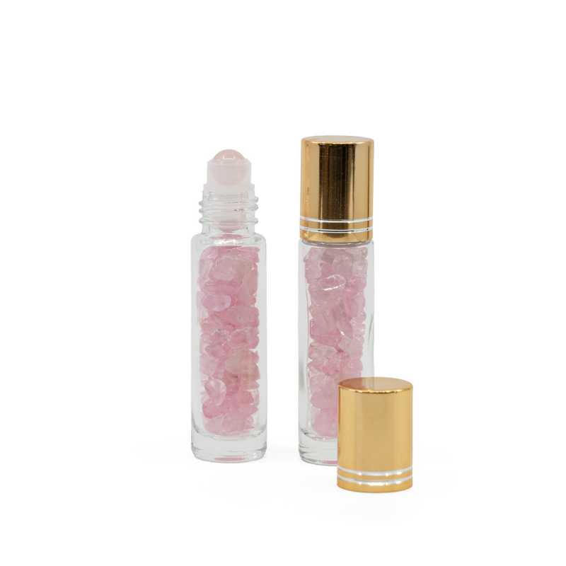 Roll-on en verre avec quartz rose, capuchon doré, 10 ml